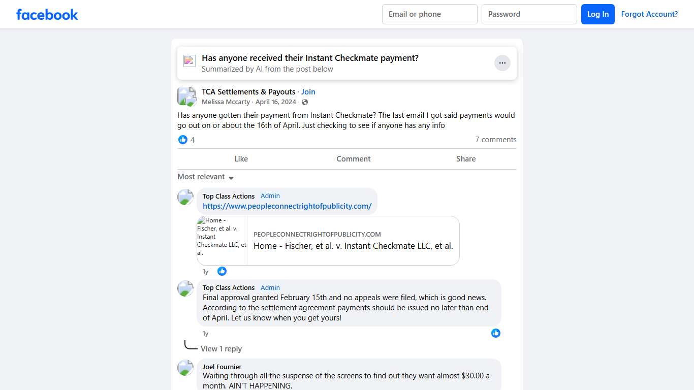 TCA Settlements & Payouts Has anyone gotten their payment from Instant Checkmate Facebook